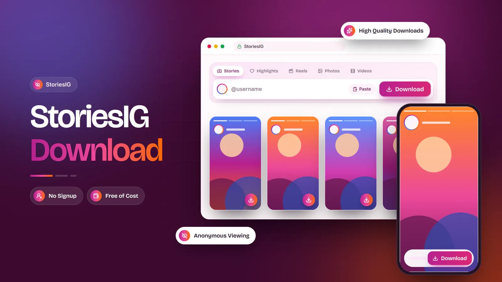 StoriesIG downloader window with Instagram story previews beside a phone playing a story anonymously