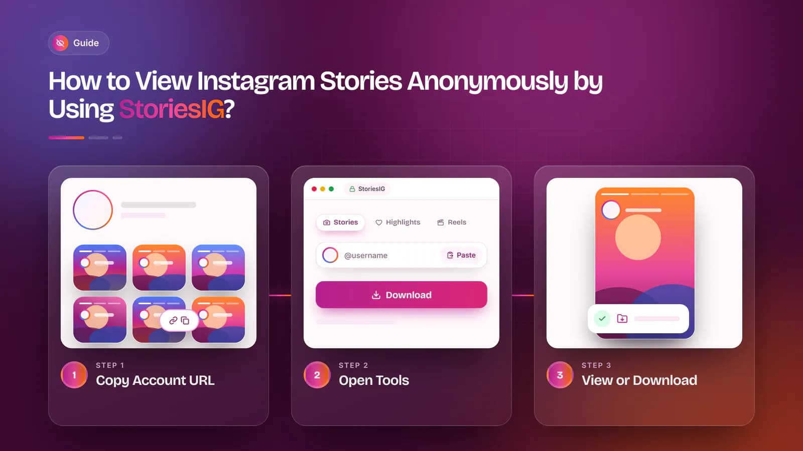 Three app screens showing how to copy a profile URL, paste it into StoriesIG and download the story