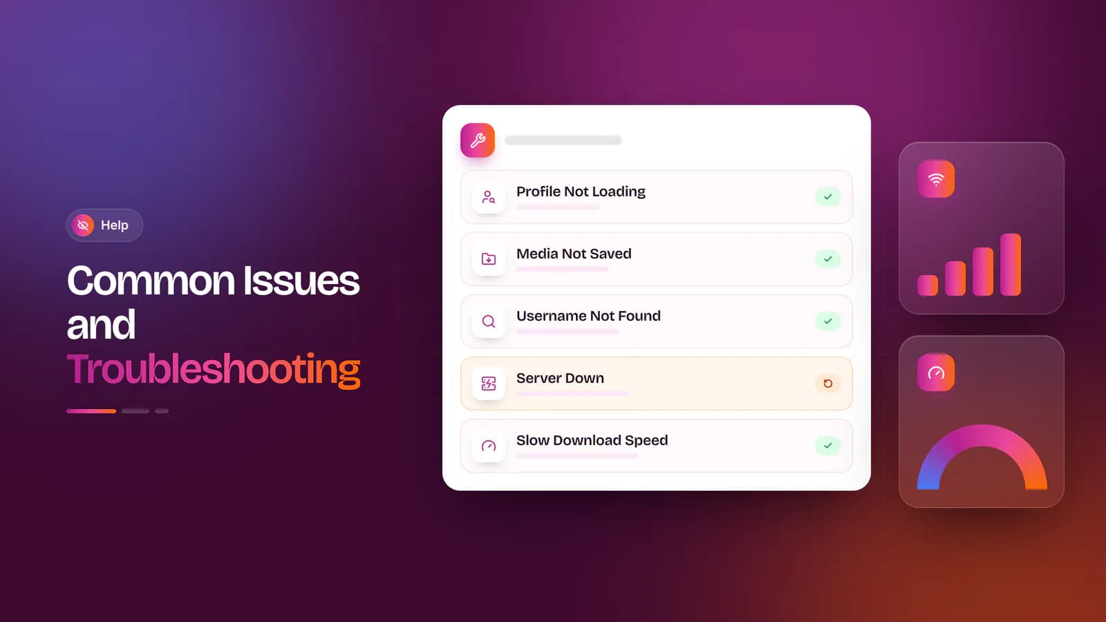 Diagnostics panel listing common StoriesIG issues with solved status plus connection and speed indicators